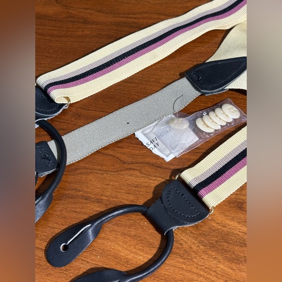 Vintage Bill Blass Button-On Suspenders GAS Germany Striped Cream purple Leather - Picture 5 of 5